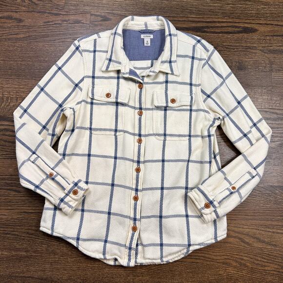 L.L. Bean Tops - L.L.Bean Lined Shirt Jacket Womens Medium White Blue Check Button Front Pockets